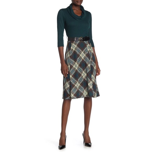 NWT Nordstrom Robbie Bee Womens Size XL Belted Cowl Neck Plaid Midi Dress NEW - Picture 1 of 2